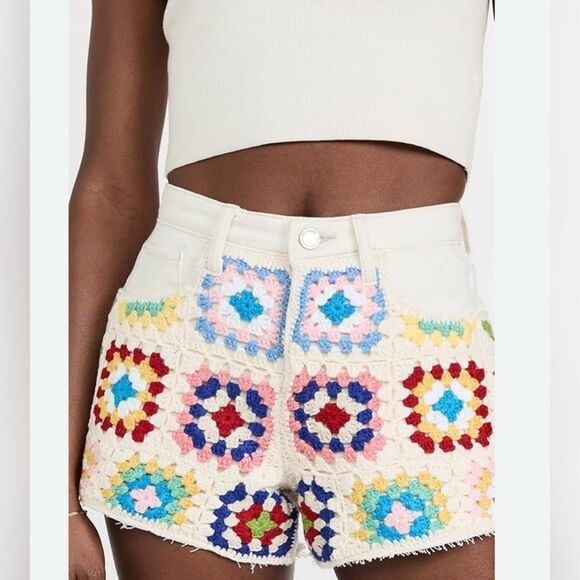 BLANK NYC Love Is Love Denim Crochet Shorts White Multicolor - 25 - Picture 1 of 7